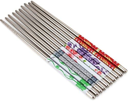 Metalni štapići za jelo od nerđajućeg čelika za višekratnu upotrebu lagani Kineski stil Flower Chop Sticks lijepa Poklon kutija Set Sortirano 5 pari 23cm