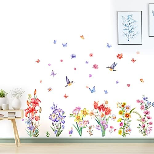 Akvarelne naljepnice za zidne naljepnice ptice leptir cvjetne zidne naljepnice uklonjivi zidni dekor Wildflower za ljetne djevojke spavaća soba dnevni boravak rasadnik dekoracija