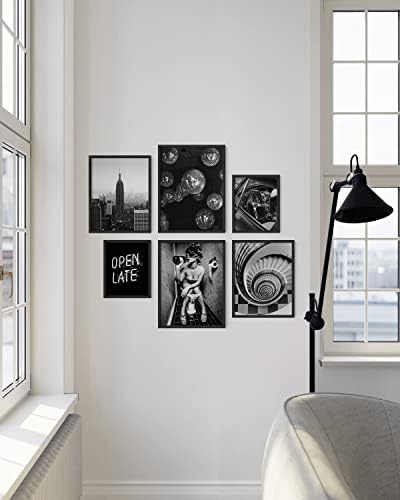 HAUS i nijanse crno-bijeli Poster Set od 6-crno-bijeli posteri za estetsku sobu, Trippy Posteri, New York City slike New York Skyline Artwork Galerija noćnog života Wall Art Set