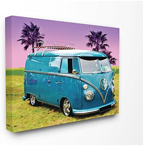 Stupell Industries Vintage 70s plavi VW autobus sa ljubičastim palmama platneni zid Art, 16 x 20,