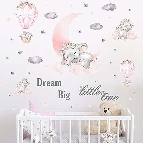 Velika ružičasta baby slont naljepnica, Mykasen Slatka pet slona Dream Big Male Jedne zidne naljepnice Pink Moon sive zvijezde Oblak, uklonjivi zidni zidni dekor za dječje dječačke spavaće sobe