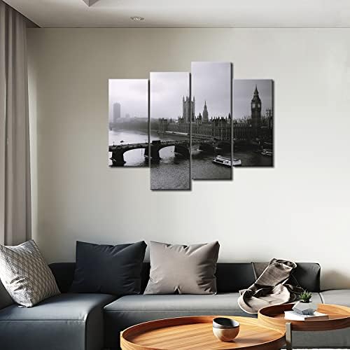 Crno-bijeli dugi mostovi brodovi iznad vode visoke zgrade zidna Umjetnost Slika Slika Print na platnu Gradske Slike Za poklon za uređenje doma