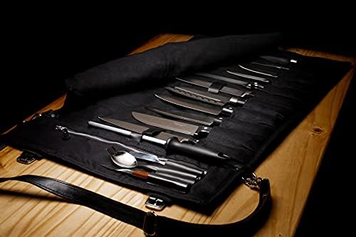 EVERPRIDE Chef Knife Roll Bag sadrži 12 noževa i alata za kuvanje – izdržljiva, velika torbica za noževe od platna i prave kože – elegantna Chef torba za profesionalne kuvare-noževi nisu uključeni