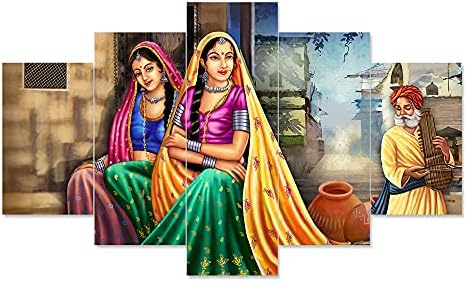 Saumic Craft Set Od 5 Rajasthani Village Lady Scenografija Uokvirena Zidna Slika Za Uređenje Doma , Dnevni Boravak, Zidni Dekor Velike Veličine.