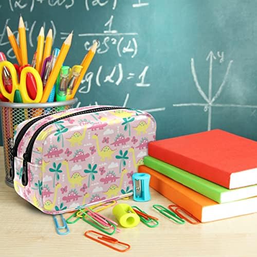 Mnsruu kožna torba sa 2 pretincima sa zatvaračem, ružičasti dinosaur žene djevojke olovke olovke olovke olovke torbice vodootporne toaletne vrećice za školsku kancelariju putovanja