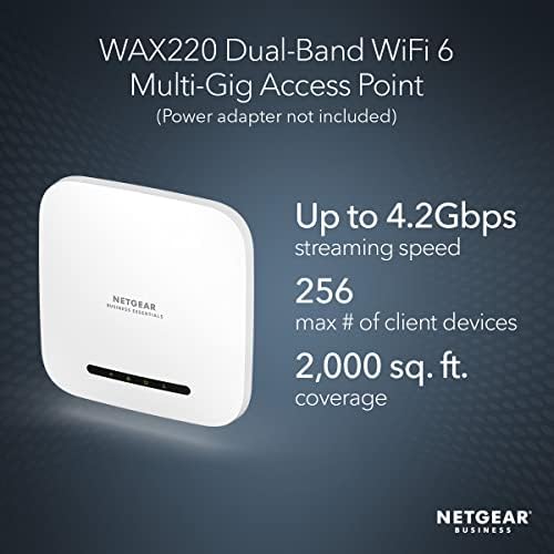 NETGEAR bežična pristupna tačka - WiFi 6 Dvopojasni Ax4200 Brzina | 1 x 1g Ethernet PoE+ Port / do 256 uređaja | 802.11 ax | WPA3 sigurnost | MU-MIMO / Adapter za napajanje nije uključen