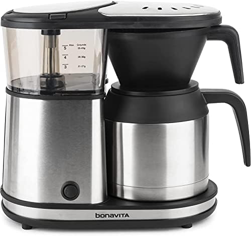 Bonavita Mašina za aparat za kafu sa 5 šoljica, jednokratni preliv preko kuvanja sa termičkim bokalom sa dvostrukim zidom, SCA sertifikovan, 1100 W, bez BPA, može se prati u mašini za sudove, Nerđajući čelik, BV1500TS