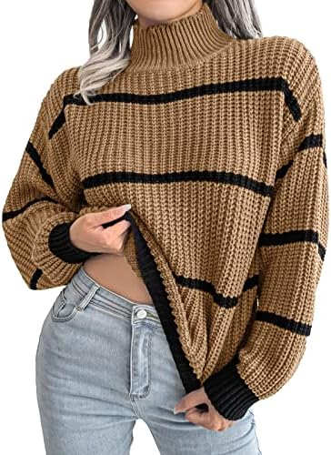 Ženski džemperi za jesen i zimske poklone srednje visoke ovratnike Čvrsta pruga dugih rukava, dugački džemper