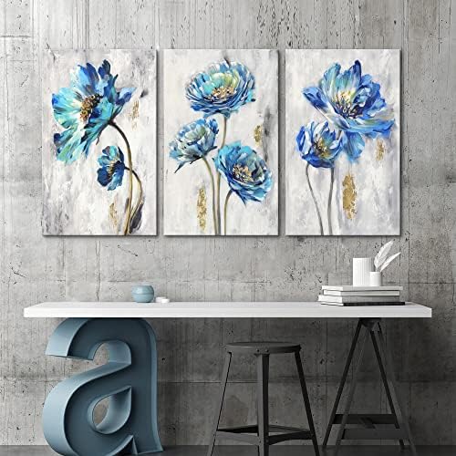 Plavo siva cvjetna platna slika: cvjetni zidni dekor tealne biljke slikanje cvjetova umjetnička djela za ured za spavaće sobe 26 x16 set od 3