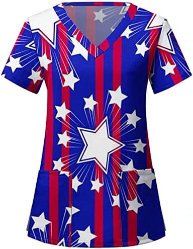 4. jula bluza za žene američka zastava ljetne kratke rukave V-izrez majice sa 2 džepa bluza Top