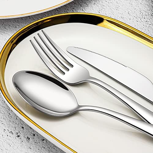 Set srebrnog posuđa od 40 komada za 8, Set pribora za jelo od nerđajućeg čelika, setovi posuđa za kuhinjski pribor uključuju kašiku, viljušku i nož za dom, može se prati u mašini za sudove
