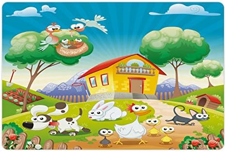 Lunadljiva životinja za kućne ljubimce za hranu i vodu, farma kuća scenografija piletina zec pasa mačka smiješna crtana umjetnost smiješna tema, neklizajući gumeni mat za pse i mačke, 18 x 12, višebojni