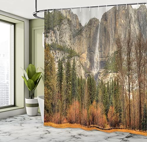 Ambesonne Yosemite tuš zavjesa, Yosemite Falls Trees Mountain Cliff Jesen Nacionalni park Kalifornija Nature Print, Tkanina od tkanine Kupatilo Dekor sa kukama, 69 Š x 84 L, narančasto zeleno