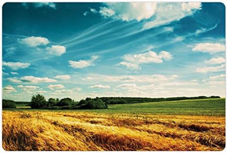 Lunarable Landscape prostirka za kućne ljubimce za hranu i vodu, pšenično polje sa oblacima u selu selo