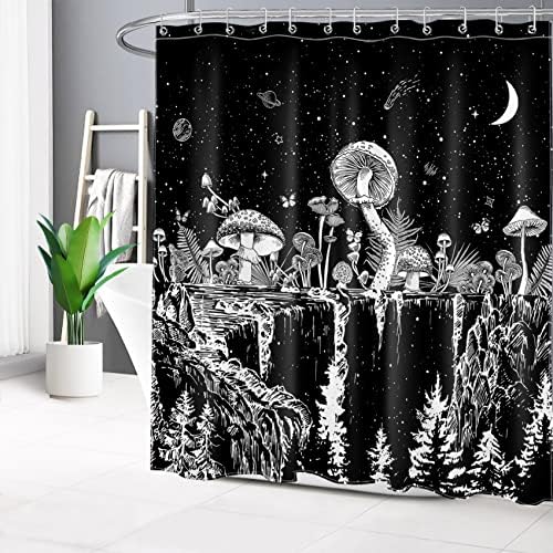 HVEST crno-bijelo zavjesa za tuširanje gljiva za kupatilo, boho mjesec leptir botanički postrojenje Estetika zavoja za tuširanje sa kukama za dekor za kadu, 72W x 72h inča