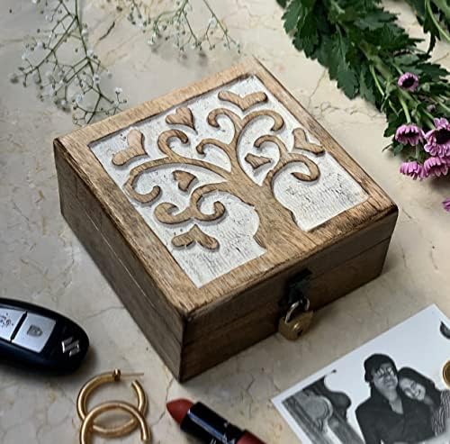 Veliki rođendanski poklon ručno izrađen dekorativni drveni nakit sa drvetom životnog rezbarenja i zaključavanje