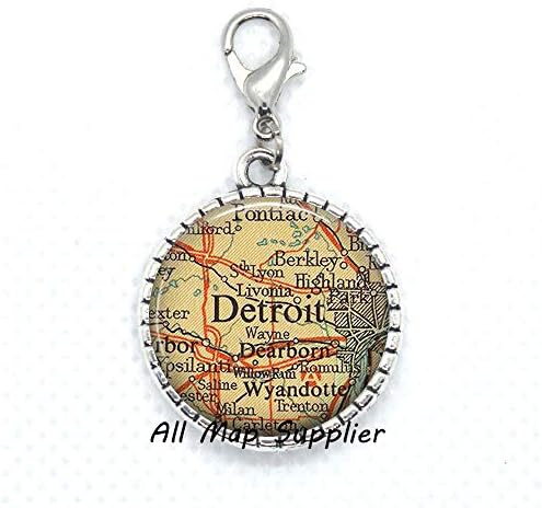 AllMapsupplier modni patentni patentni zatvarač, Detroit Karta Jastog kopča, Detroit Karta Zipper Pull, Detroit kopča za jastog, Moda Karta Nakit, Detroit Zipper Pull Travel Map, A0162