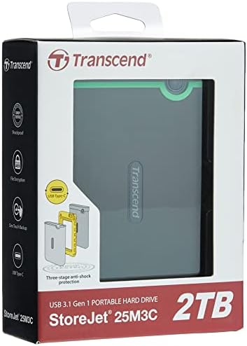 Transcend 2TB StoreJet 25M3C USB Type-C prenosivi čvrsti disk robustan, otporan na udarce, kompaktan i lagan sa munjevitim brzinama i dugmetom za rezervnu kopiju TS2TSJ25M3C