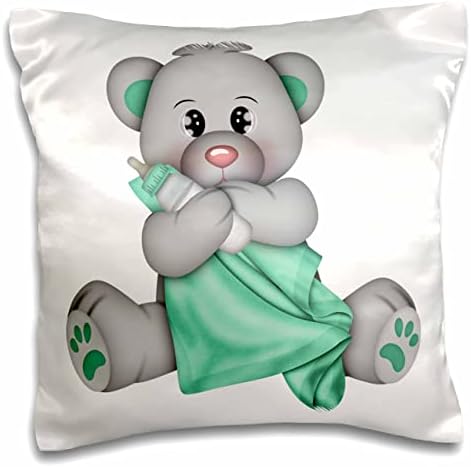 3drose Slatka beba medvjeda sa zelenim ćebetom i ilustracijom bočica - jastučnice