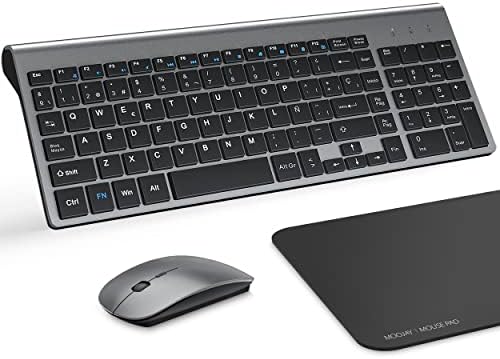 Pakovanje Ultra tanke bežične tastature i miša sa podlogom za miša, MOOJAY 2.4 G USB kompaktni komplet za tihu tastaturu miša sa poklopcem, AA i AAA baterije, za PC / Laptop / Windows-Siva Crna