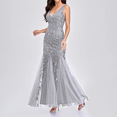 Ženski V-izrez Sparkly Emborder mamurska haljina elegantna haljina s dugim večema bez rukava