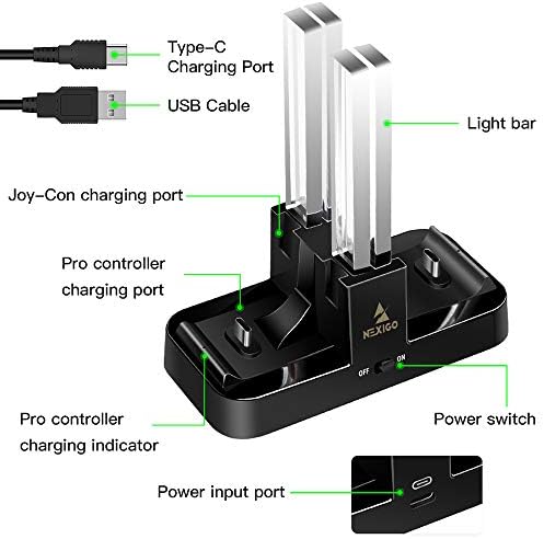 Nexigo 2022 poboljšana priključna stanica za punjenje za Nintendo Switch Joy-Con i Pro kontrolere sa USB kablom za punjenje tipa C i indikatorom punjenja, stanica za brzo punjenje punjača