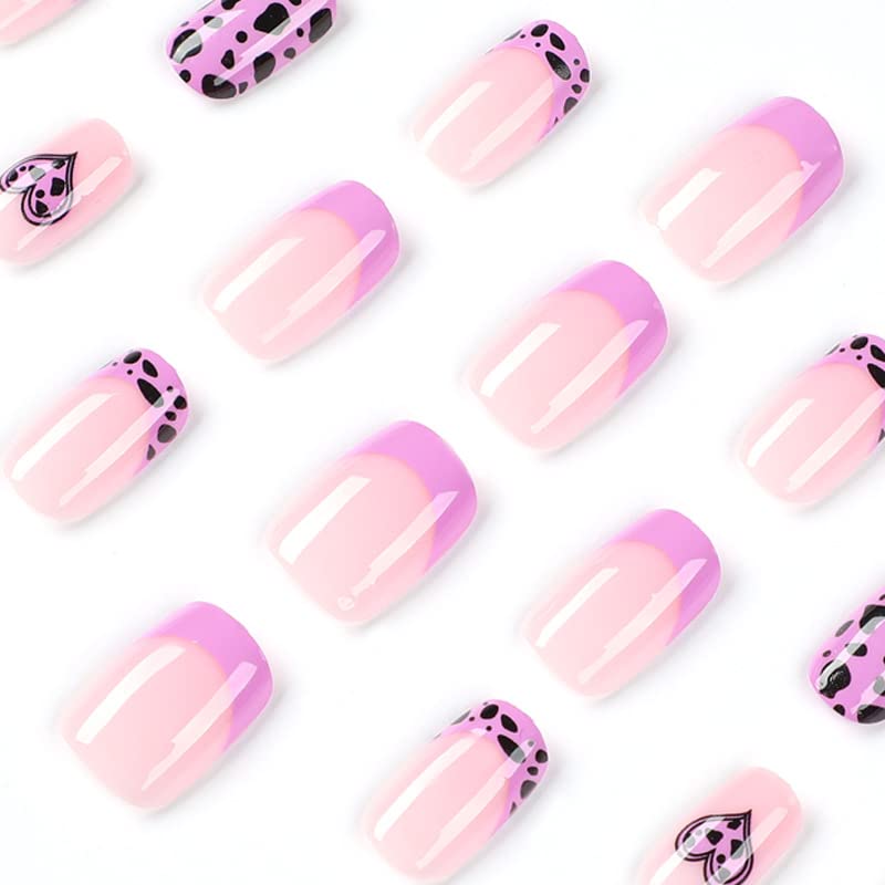 DOUBNINE Press na noktima kratki kvadratni ljubičasti Leopard Print srce akril lažni Nail Pink Savjeti umjetno ljepilo na noktima puni poklopac za žene