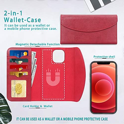 Fyy futrola kompatibilna sa iPhoneom 12 Pro Max 5G 6.7, 2-u-1 magnetnom odvojivom futrolom za novčanik [podrška za bežično punjenje] sa kutijom za kartice Folio futrola za iPhone 12 Pro Max 5G 6.7 Crvena