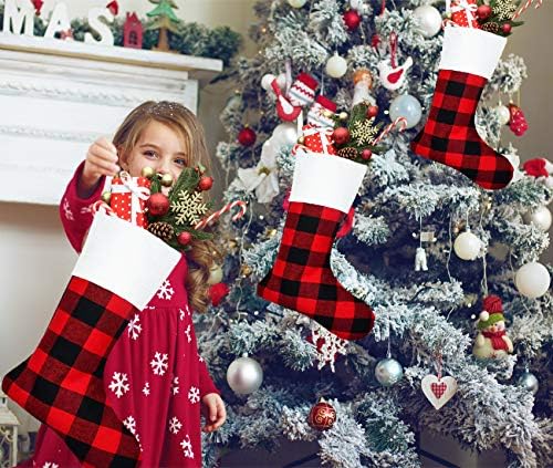 Senneny 6 Pack Božićne čarape- 18 inčni crveni crni bivoli plairani božićni čarape Kamin Viseći čarape za obiteljski Božić Dekoracija Odmorske sezone Dekor zabave