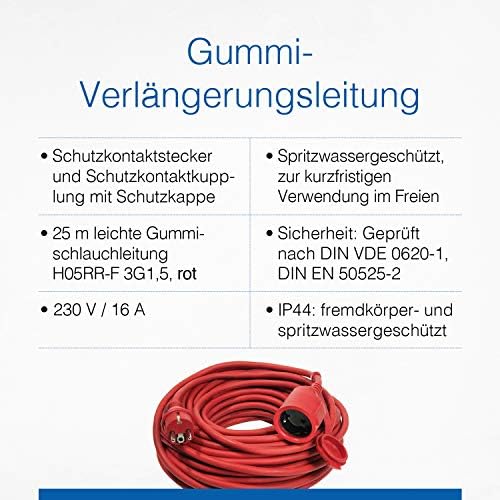 AS - Schwabe produžni kabel, gumeni produžni kabel, H05RR-F 3G1.5, crvena sigurnosna boja, IP 44 - pogodno za vanjsku upotrebu, 60264