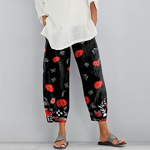 Pamučne posteljine obrezane hlače za žene za žene Ljetne casual kapri hlače sa džepovima labavi fit boho udobne pantalone za plažu
