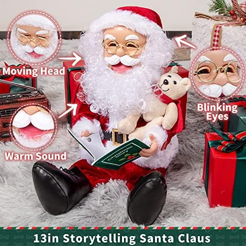 Elamas 13 Animirani Dekoracija figurica Santa Claus - Božićna animatora Santa igračaka sa toplim zvučnim pripovjedama, pokret - zatvoreni Xmas poklon sjedeći stil Santa Figura sa knjigom, medvjed