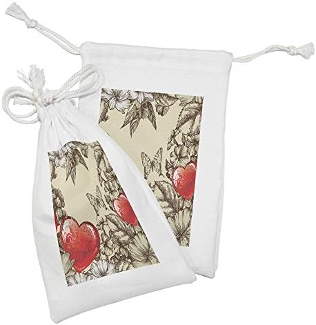 Ambesonne Love Tkaninska torbica set od 2, uzorak Valentinovo sa cvijećem i leptirom za odmor Ljubav Antiquity
