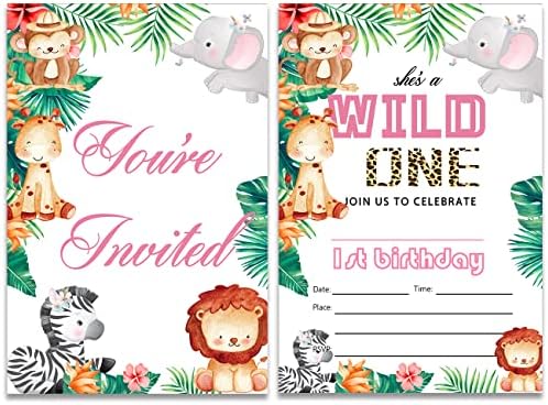 Životinje u džungli prvi rođendan pozivnice popunjavaju set od 20 sa koverte Safari tema 1. rođendana