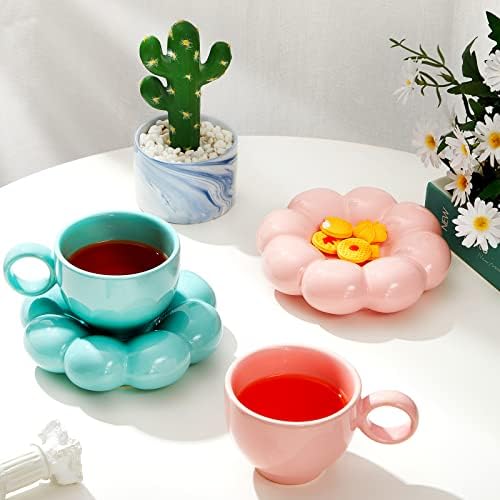 2 set Cloud Coffea 4 oz Creative Slatka keramička čaša sa suncokretovim kolima Novost cvijeća i tanjure za čaj kafa Lasto mlijeko, uredski dom, ružičasta i plava