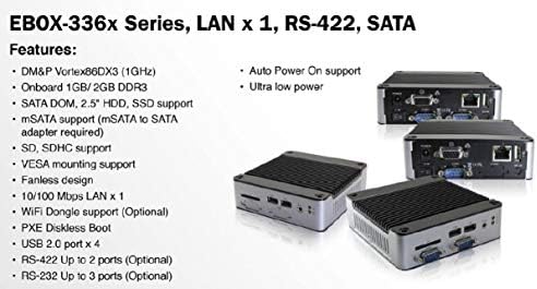 Mini Box PC EB-3360-L2851221 podržava VGA izlaz, RS-485 x 1, RS-422 x 1 i automatsko uključivanje. Sadrži jedan 10/100 Mbps Ethernet i jedan 1 Gbps Ethernet.