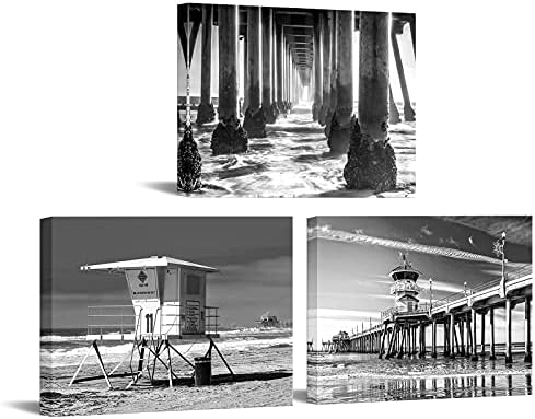 Nachic zid 3 komad crno-bijele plaže slike California Huntington plaža Pier pejzaž platno zid Umjetnost morski