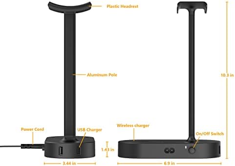 Cozoo stalak za slušalice sa bežičnom podlogom za punjenje i 2 USB porta za punjenje tipa C,Organizator vješalica za slušalice za igranje, 10w, držač za slušalice pogodan za igranje,DJ,dodatna oprema za prikaz bežičnih slušalica