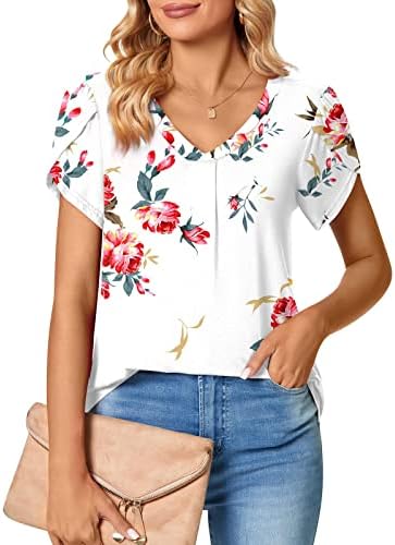 Žene 2023 T majice Petal rukava V izrez Dressy Casual Tees Ljetni osnovni vrhovi Vintage Cvjetni print Havajske majice
