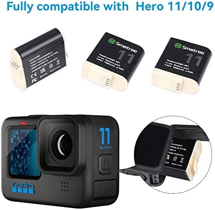 Smatree baterije kompatibilne za GoPro Hero 11, heroj 10, heroj 9 crno, 3 pakovanje 1800mAh zamjenske baterije u potpunosti kompatibilno sa GOPRO 11/10/9 originalnim punjačem i baterijom, USB brz punjač.