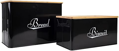 Xbopetda kutija za hljeb & amp; Set za biskvit, metalna posuda za odlaganje sa bambusovim poklopcem, kuhinjski pult kanister - idealno za odlaganje kolačića, krekera, Biscottiera, hljeba, kroasana & Snack-Crna