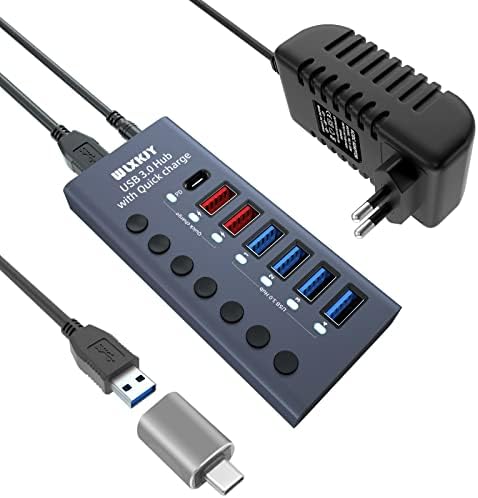 WLXKJY aluminium Powered USB 3.0 Hub, 7-Port USB Hub Splitter, sa 36W adapterom i nezavisnim