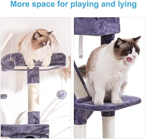 Hej-Brother Cat Tree, 61-inčni mačji toranj za mačke u zatvorenom prostoru, mačja kuća sa podstavljenim krevetom na platformi, kuglicama za igračke, velikim udobnim stanom, visećim mrežama i Sisal stubovima za grebanje, dimno siva MPJ019G