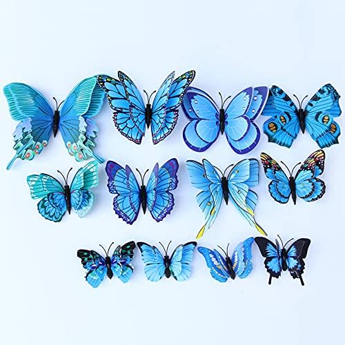 3d leptir zidni dekor, 12kom Dupla krila leptir dekor, Plavi Leptir dekoracija za sobu leptir naljepnice leptir ukrasi za zabave ukrasi za rasadnike zidne naljepnice
