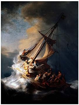 Alonline Art - Krist u olujnom Galilejskom moru Rembrandta | Bijela uokvirena slika štampana
