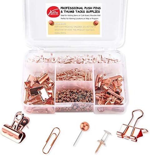 Yalis Push Pins 600 brojeva i 5 stilova Rose Gold Pack Push Pins Binder Clips Papir Clips Karta Tacks setovi
