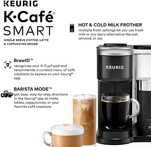 Keurig K-Café SMART single Serve aparat za kafu sa WiFi kompatibilnošću, Latte i Cappuccino mašina sa ugrađenim penom, 6 Veličina piva, kompatibilan sa Alexa, Crna,