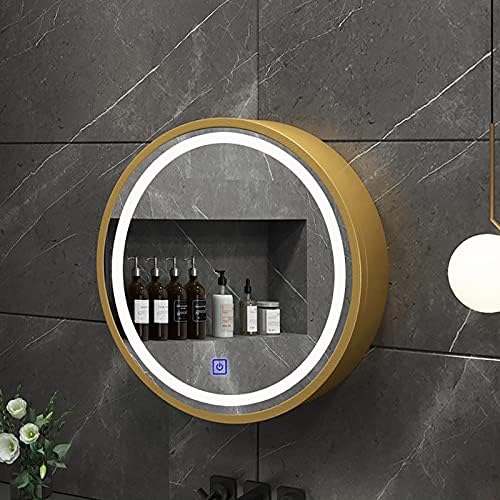 RAZZUM ogledalo LED okrugli ormarić za ogledalo kontrola dodira 3 svijetle boje - 3000k / 4500k / 6000k, zidni drveni ormar za odlaganje kupatilo, Police od 2 nivoa, zlato-60cm / 23in