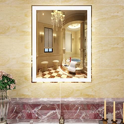 VOXITA LED ogledalo za kupatilo 28x22 inča zatamnjeno toaletno ogledalo sa osvetljenjem protiv magle, belo svetlo/toplo svetlo po opcionom lako visećem vertikalnom ili horizontalnom LED ogledalu