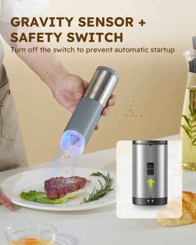 Sangcon Gravity električni mlin za sol i biber set sa sigurnosnim prekidačem, na baterije sa LED svjetlom, Podesiva grubost, Kuhinjski uređaji s jednom rukom sa automatskim upravljanjem,